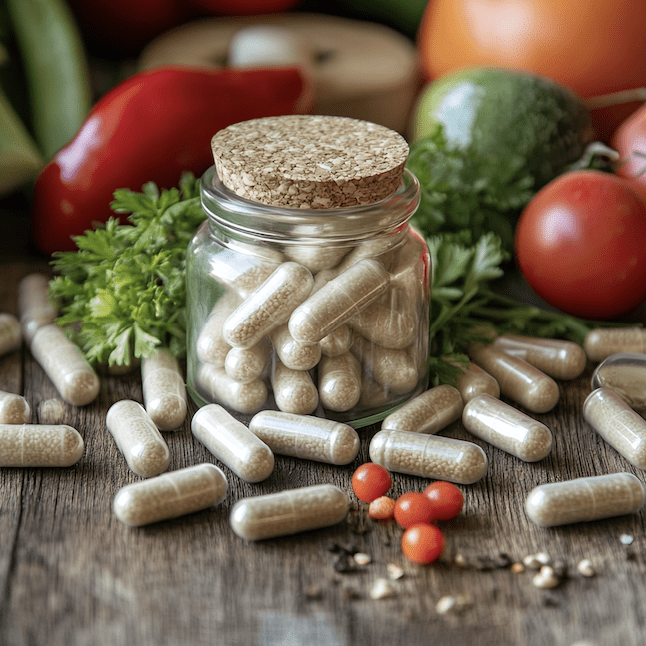 Probiotische Kapseln im Glas mit Gemüse