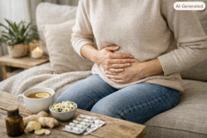 Frau hält sich den Bauch wegen Reizdarmsyndrom