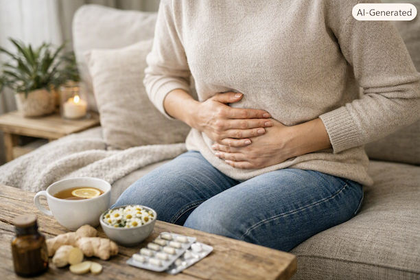 Frau hält sich den Bauch wegen Reizdarmsyndrom