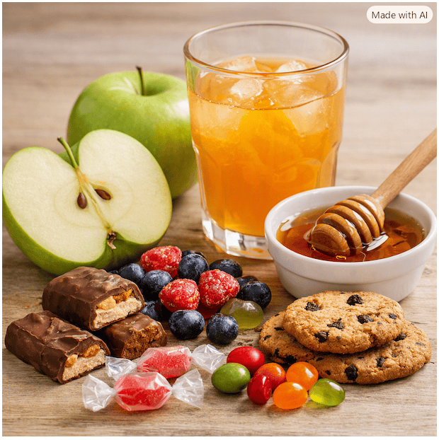 Apfel, Fruchtsaft, Kekse und Süßigkeiten für Fructoseintoleranz.