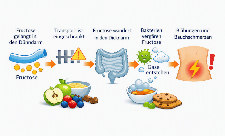 Grafik zeigt den Weg von Fructose im Darm bei Unverträglichkeit.