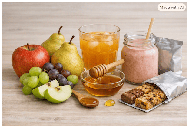 Fructosearme Lebensmittel, Honig, Frucht und Müsliriegel auf Holz.