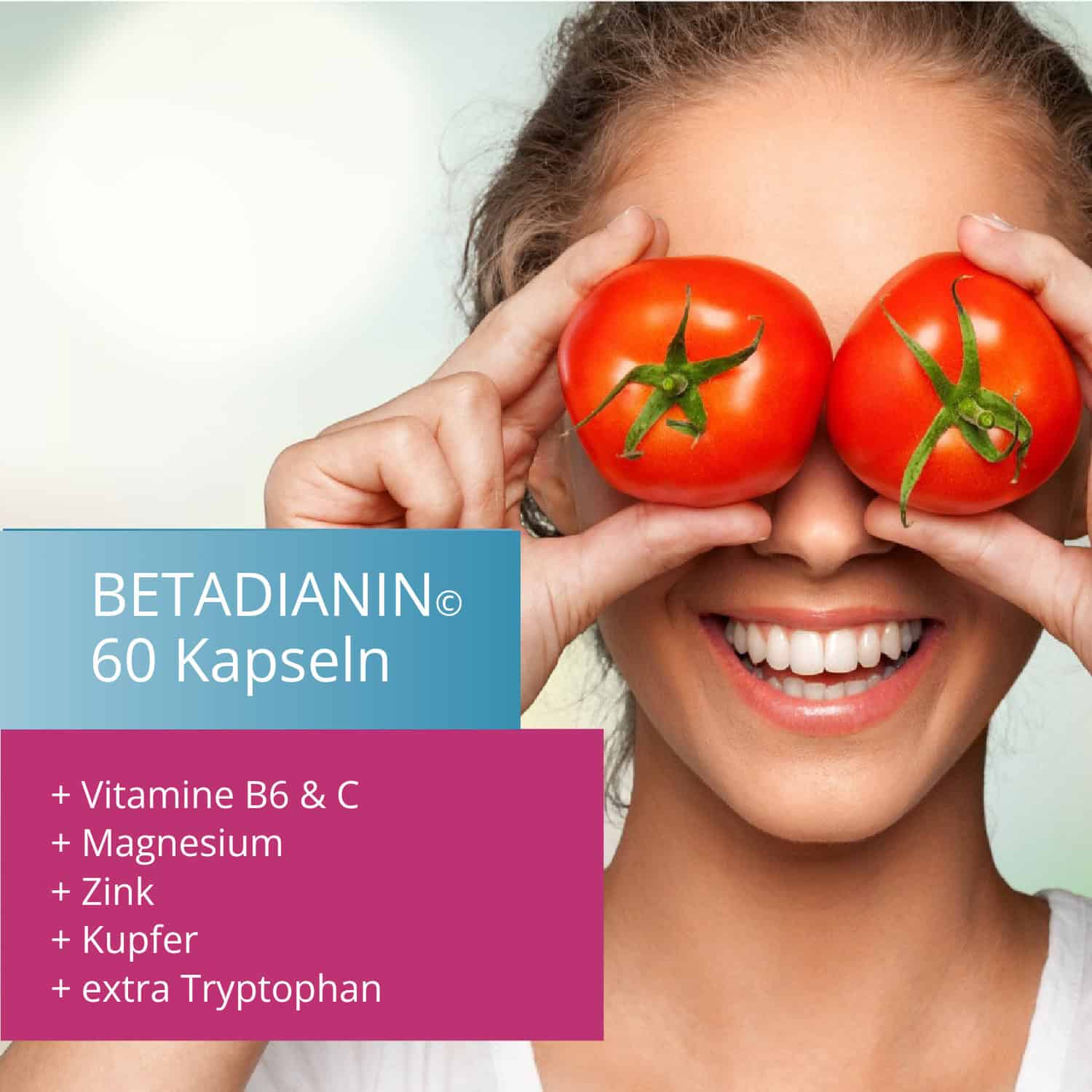 Frau hält Tomaten vor die Augen, lachend, für gesunde Ernährung und Vitamine.