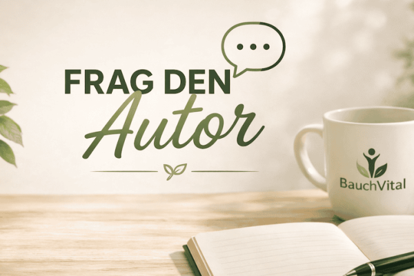 Bauchvital Tasse und Notizbuch für Ernährungsberatung.