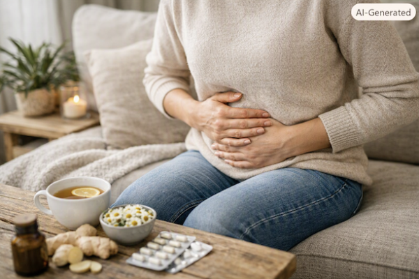 Frau hält sich den Bauch wegen Reizdarmsyndrom