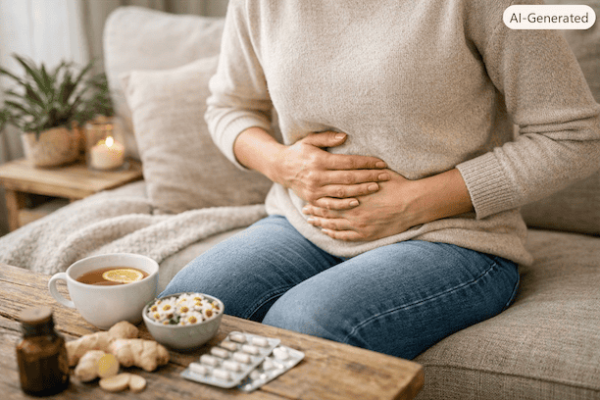 Frau mit Bauchschmerzen bei Reizdarmsyndrom auf Couch.