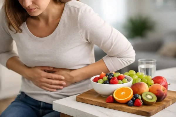 Frau hält sich den Bauch bei Verdauungsproblemen nach Obst.