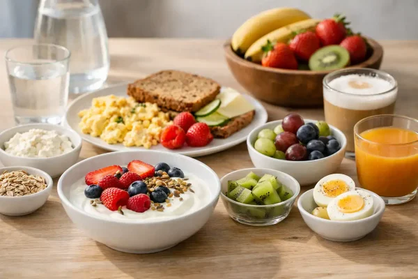 Vielfältiges Frühstück mit Joghurt, Obst und Vollkornbrot.