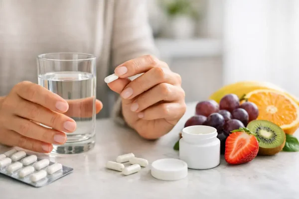 Person nimmt Enzymkapseln mit Wasser bei Fructoseintoleranz ein.