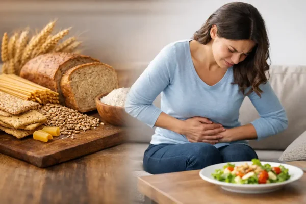 Frau hält sich den Bauch wegen Verdauungsproblemen nach glutenhaltiger Ernährung.