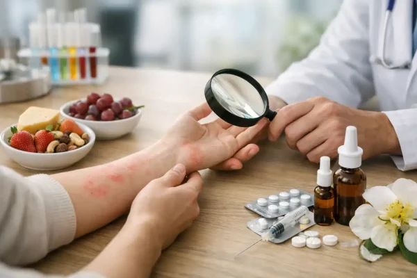 Arzt untersucht Hand auf Allergie- oder Histaminintoleranz-Test.