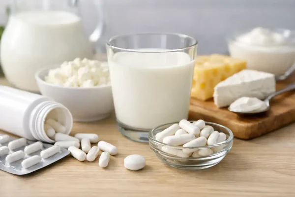 Laktase-Tabletten, Milch, Käse und Joghurt für Milchzuckerverdauung.
