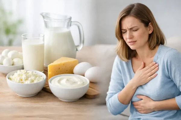 Frau mit Beschwerden bei Milchunverträglichkeit oder Milcheiweißallergie.