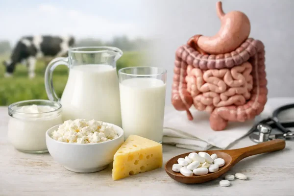 Milch, Käse, Joghurt und Verdauungsorgane für Laktoseintoleranz.